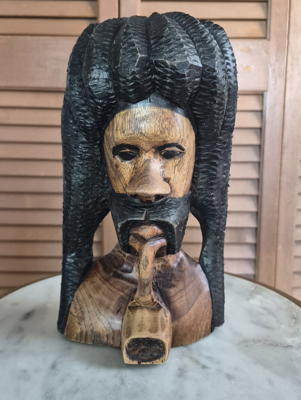 Rasta Marley Hand-Carved Wooden Bust Sculpture in Black and Brown